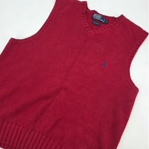 VINTAGE 90S POLO RALPH LAUREN SWEATER VEST MENS LARGE RED BLUE PONY VNECK COTTON